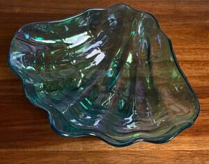 Vintage Iridescent Aqua Lucite Acrylic Shell Bowl 12” Coastal MCM
